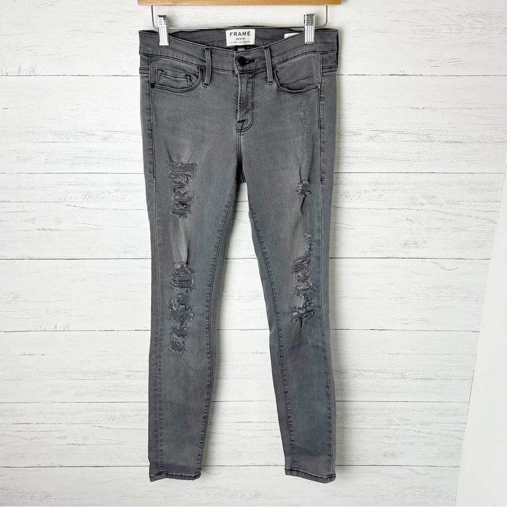 Frame Denim Le Skinny de Jeanne in Grey Shred Stretch Mid Rise 26 - Picture 2 of 11